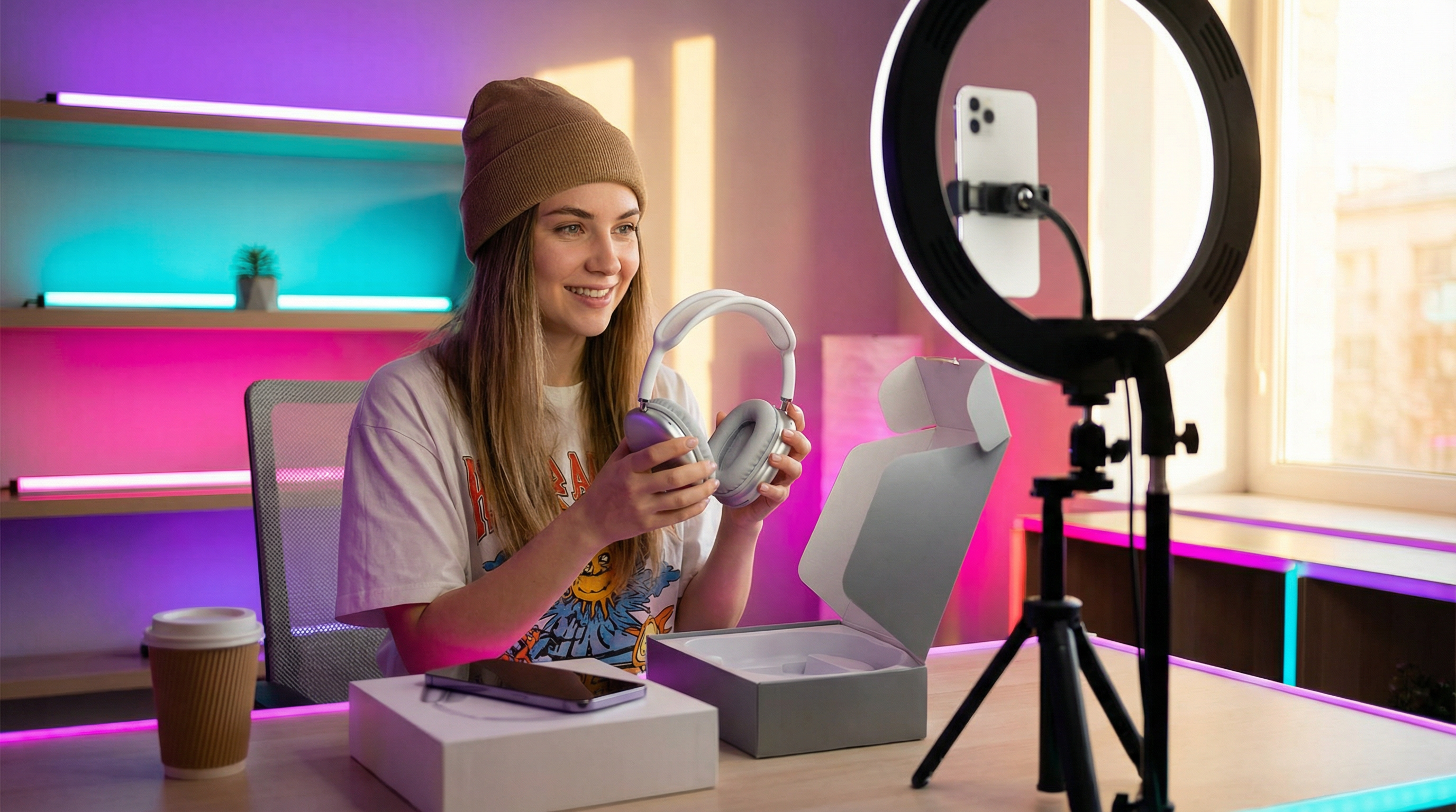 Young content creator unboxing tech gadgets in a bright modern studio with colourful lighting