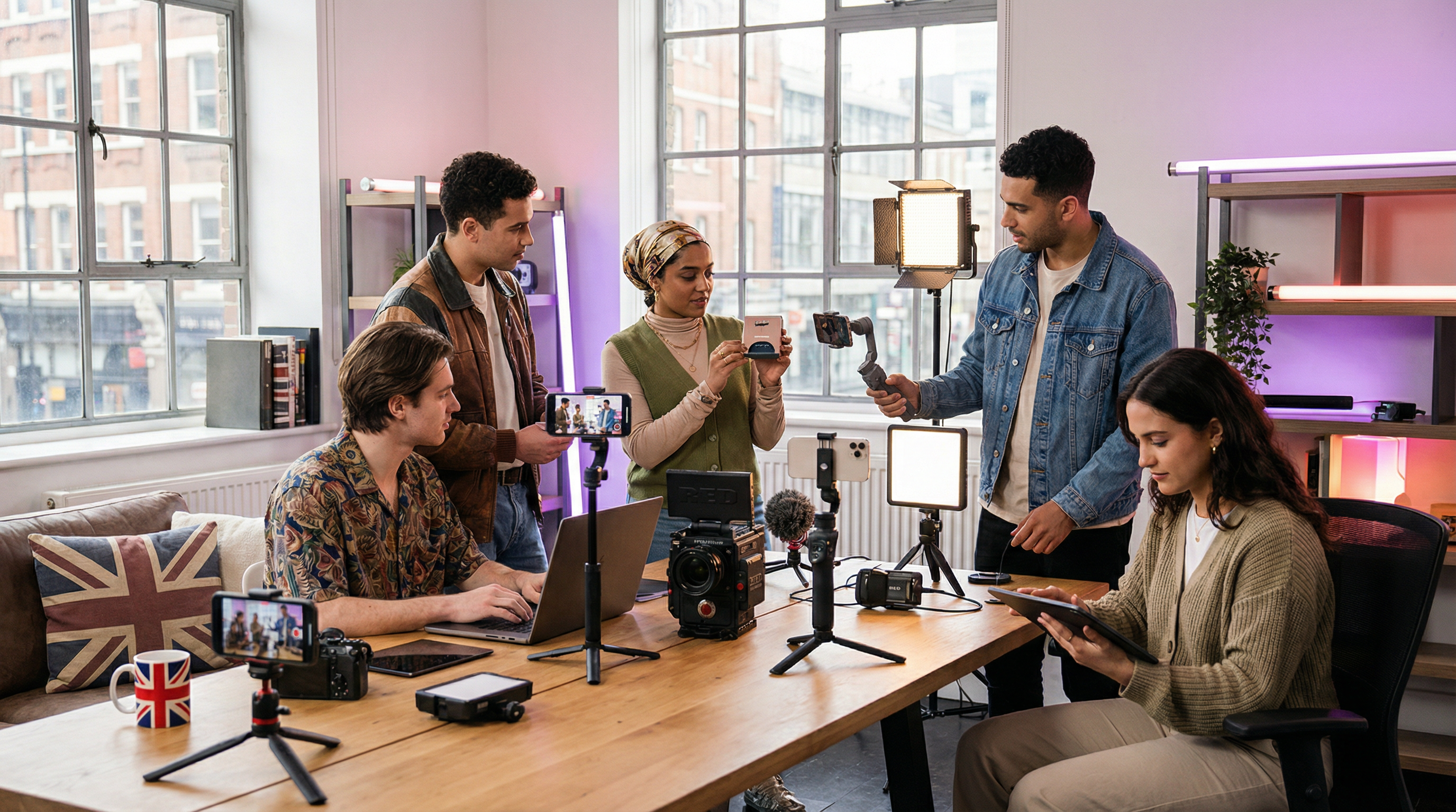 British UGC creators filming product content in a modern London studio with warm lighting