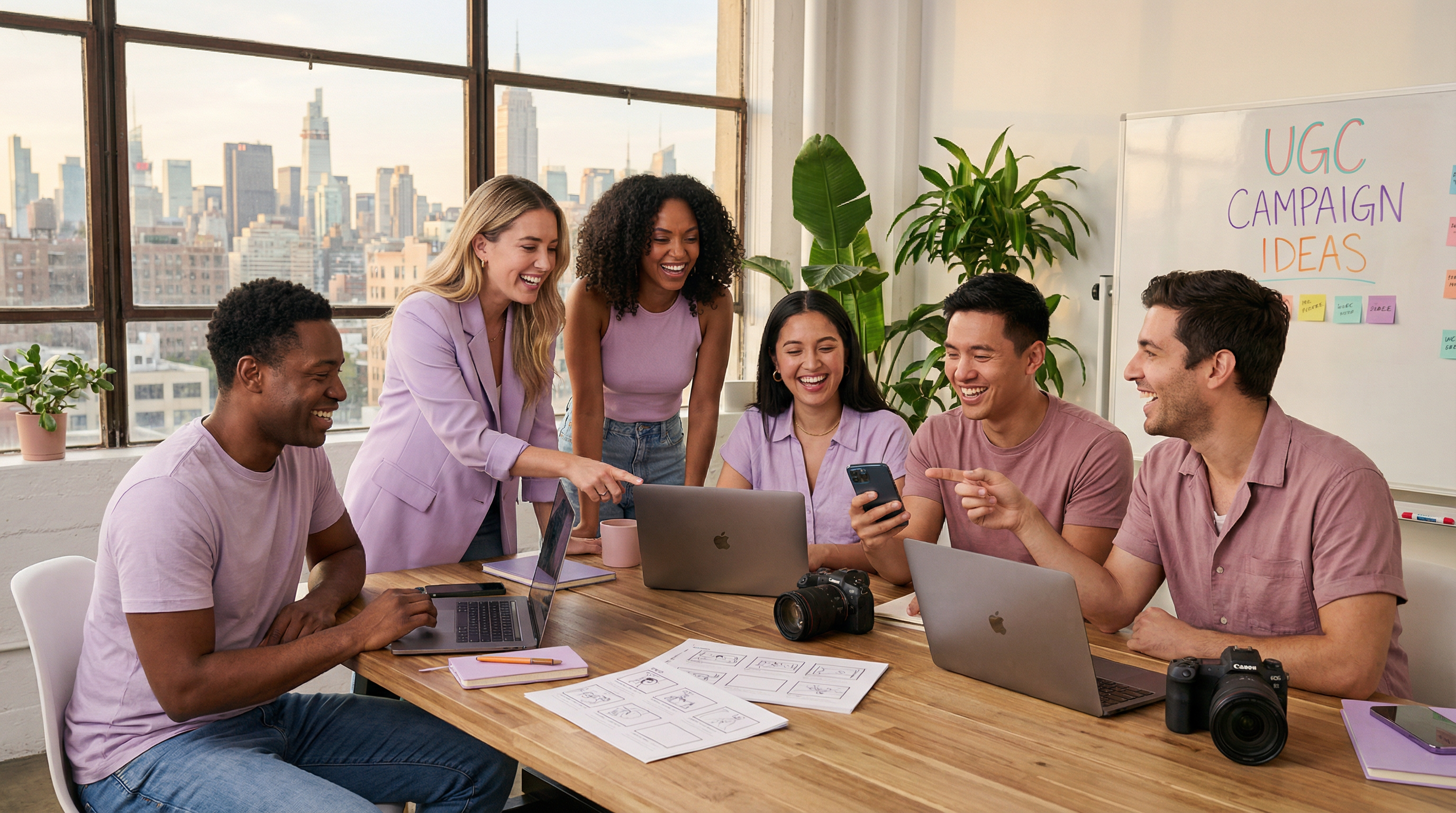 American UGC creators collaborating on a brand campaign in a vibrant New York workspace