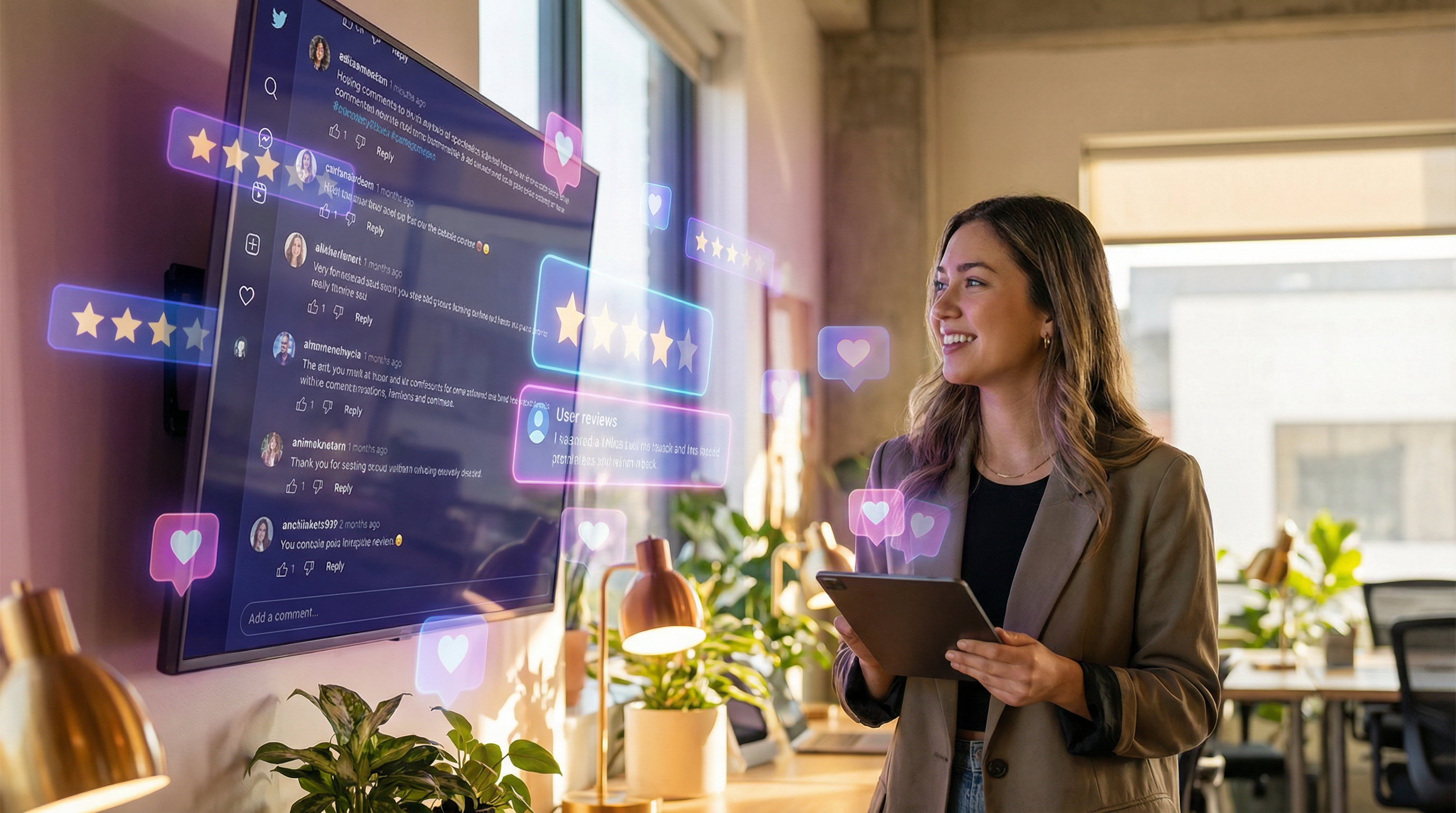 Una persona sonriente mira su smartphone, rodeada de iconos flotantes que representan 'me gusta', comentarios y valoraciones de cinco estrellas, ilustrando el concepto de prueba social en el marketing digital.