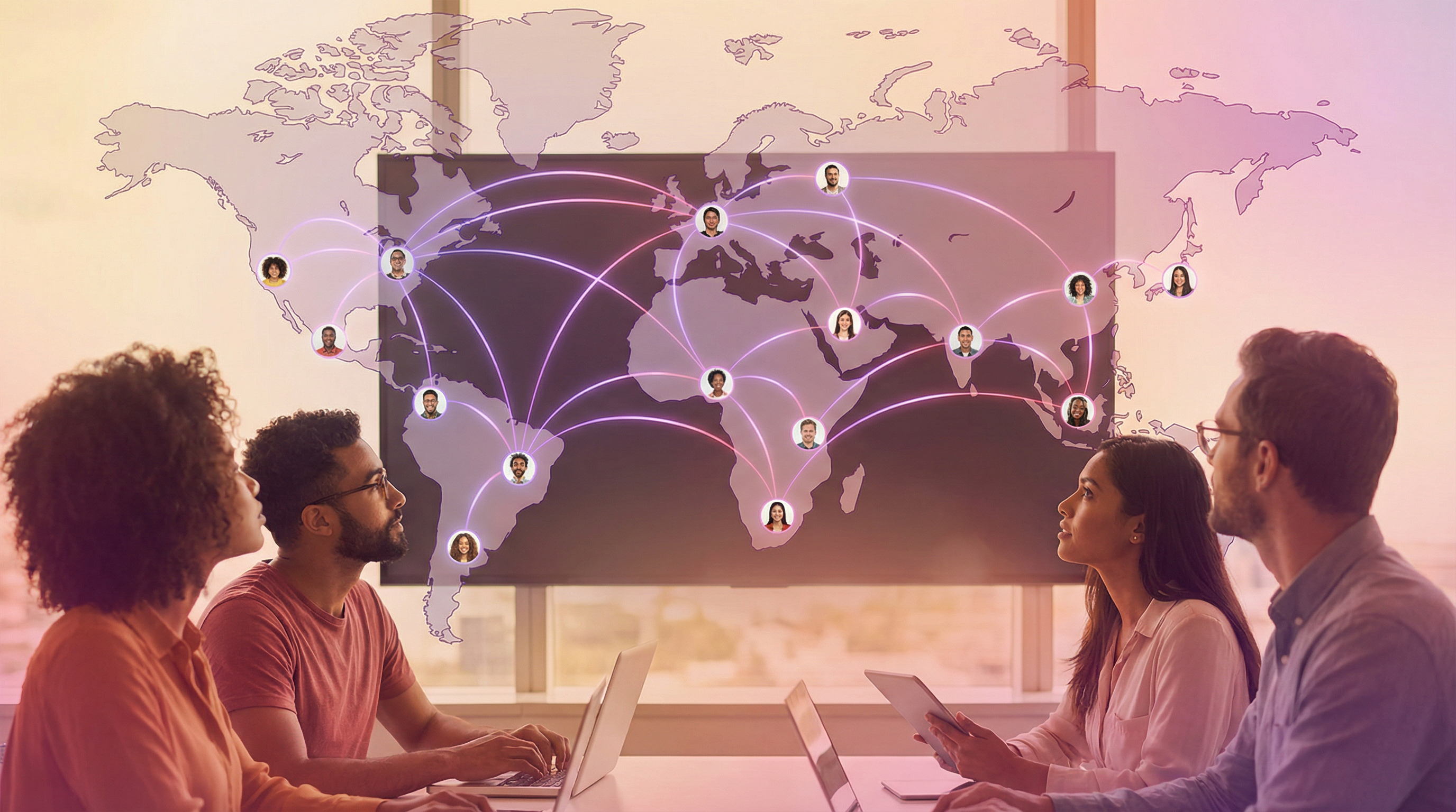 Global network of UGC creators connected across continents with digital collaboration tools