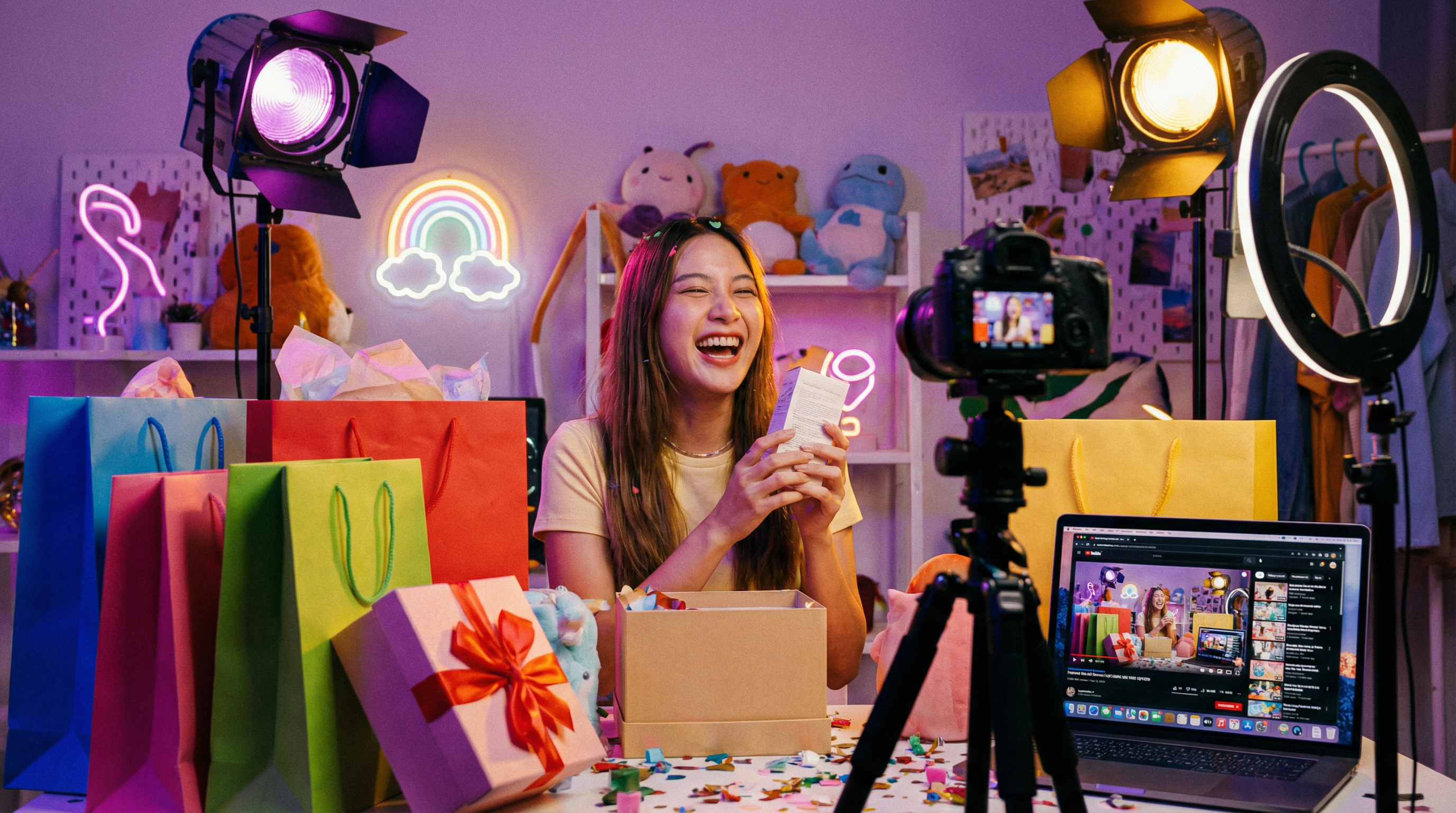 Content creator filming an exciting unboxing video for Black Friday surrounded by shopping bags and gifts