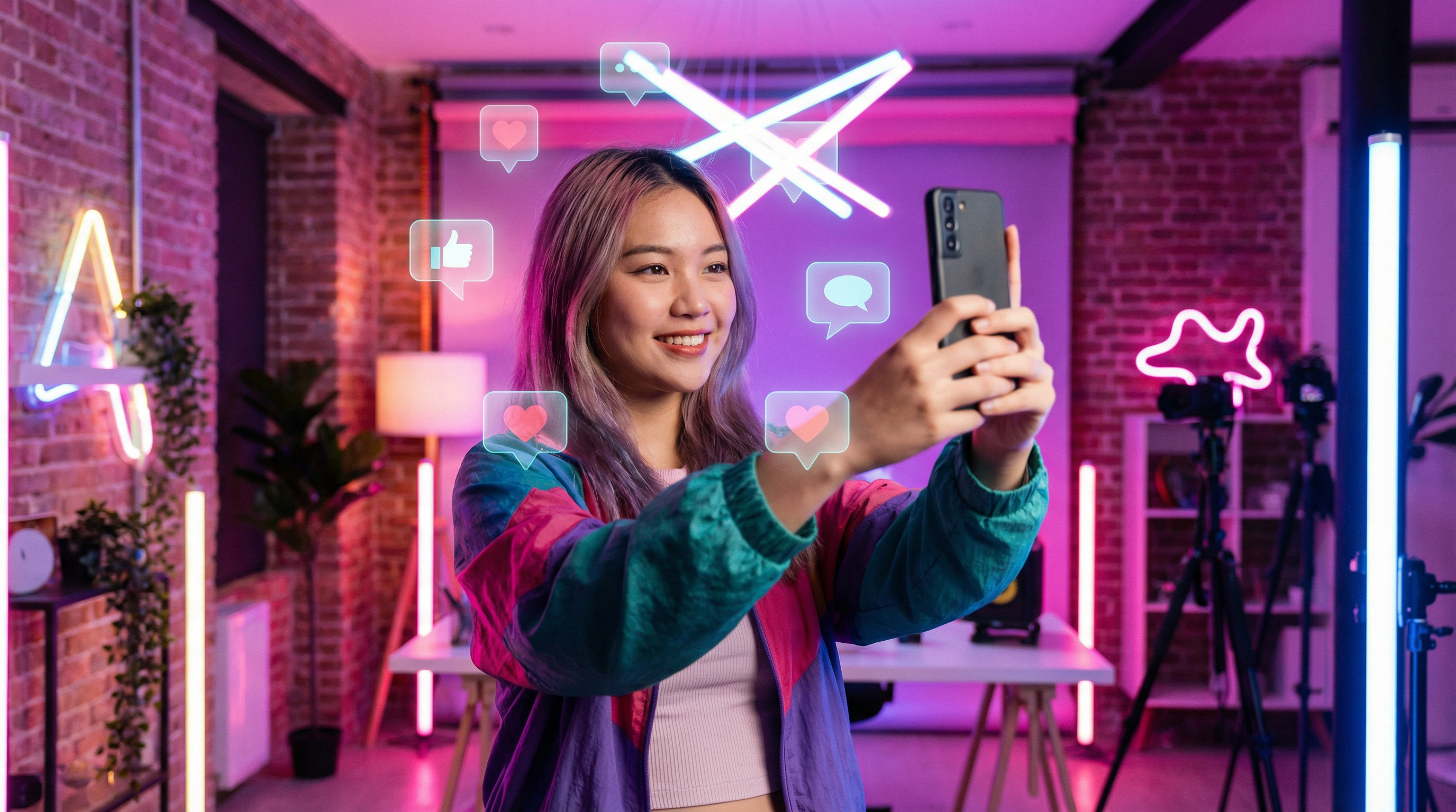 Joven creadora grabando un vídeo vertical con smartphone en un estudio luminoso con luces neón rosa y púrpura