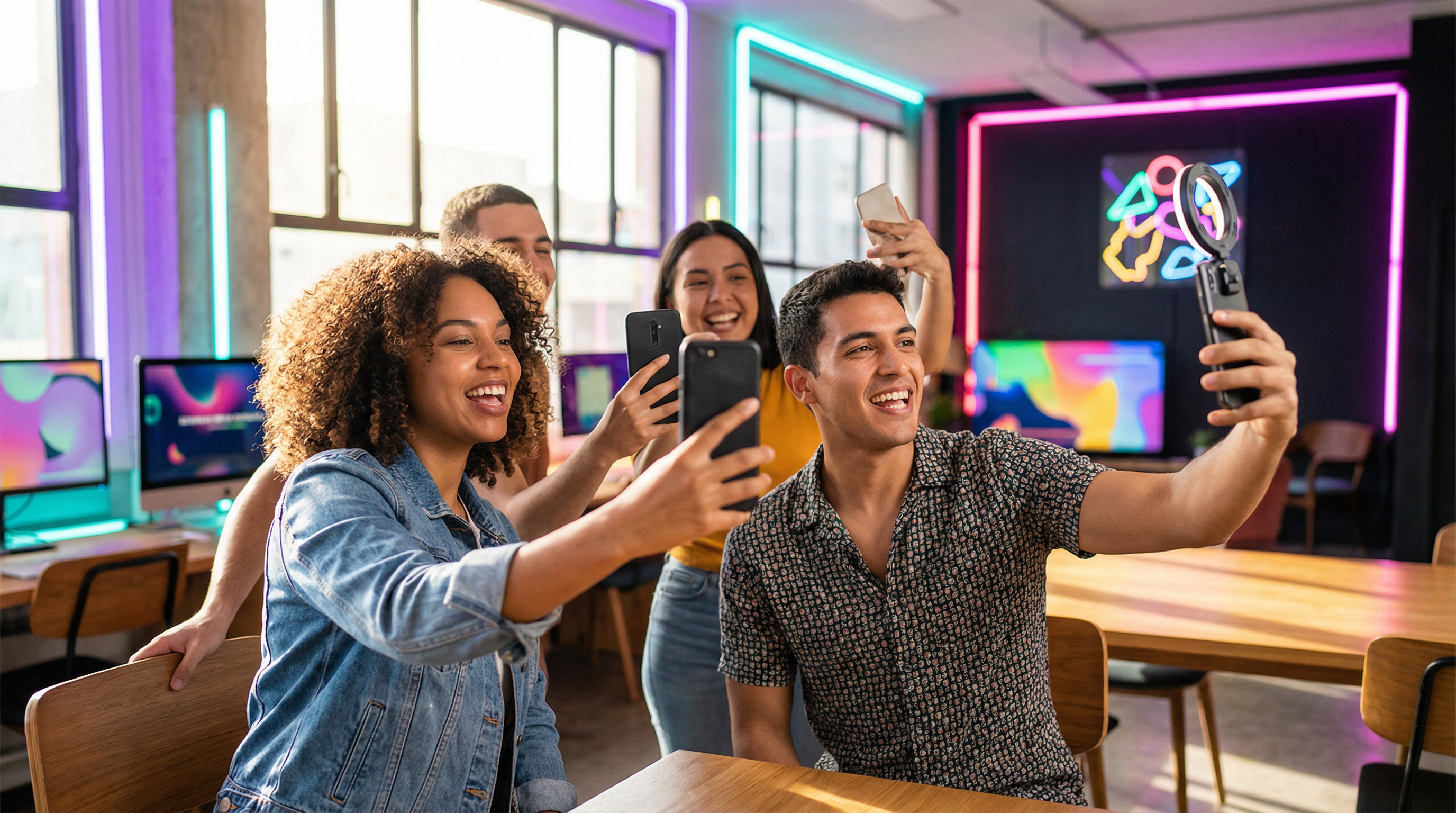 Grupo diverso de clientes satisfechos grabando video testimonios con smartphones en un estudio moderno y vibrante