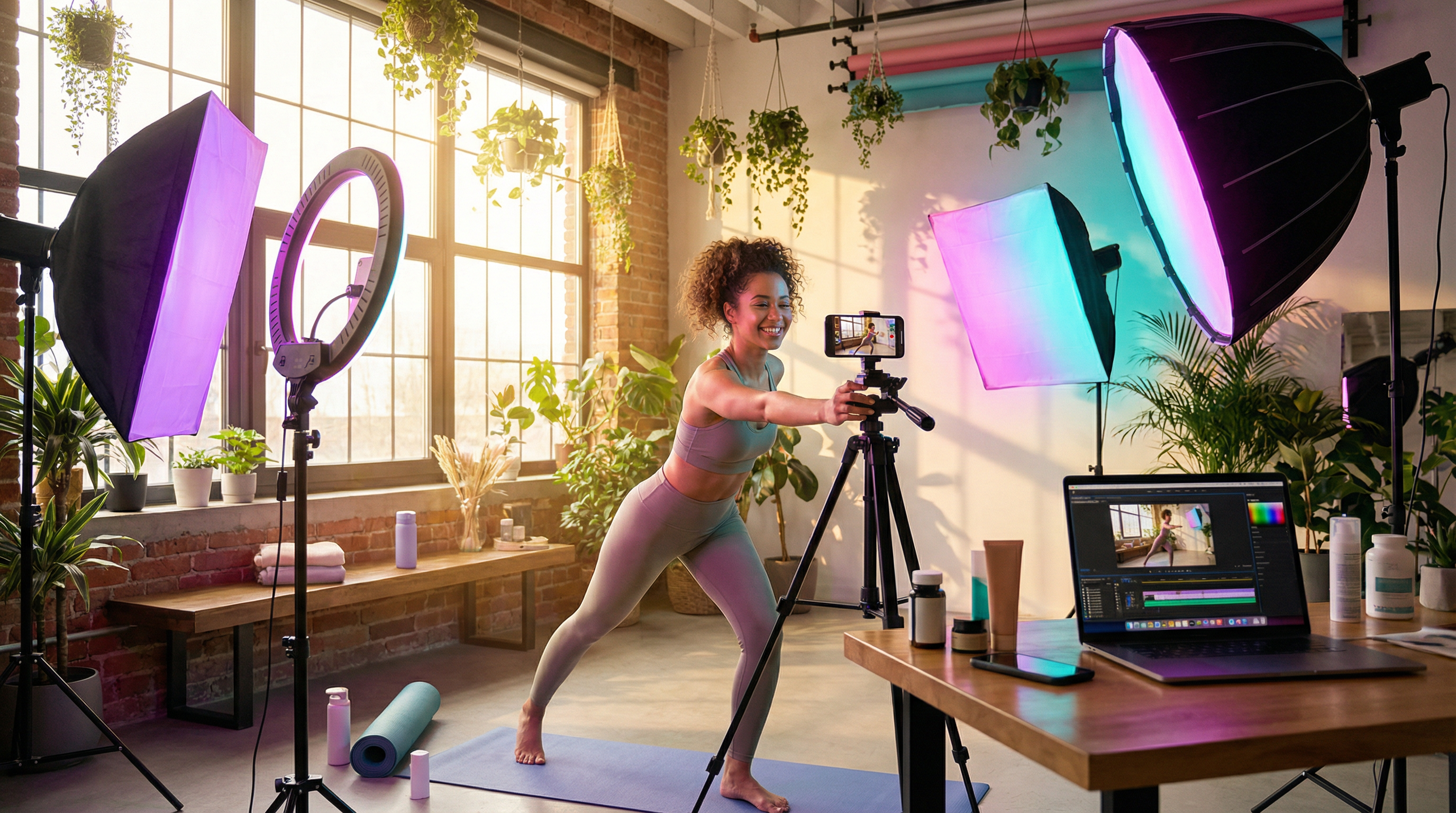 Creadora de contenido fitness filmando una rutina de bienestar en un estudio luminoso con plantas y luz natural
