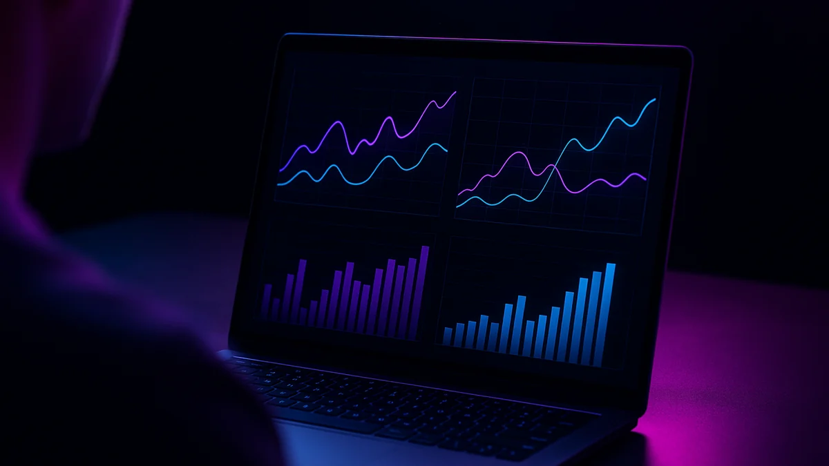 Advertising performance dashboard with purple and cyan charts on a laptop screen in a dark studio
