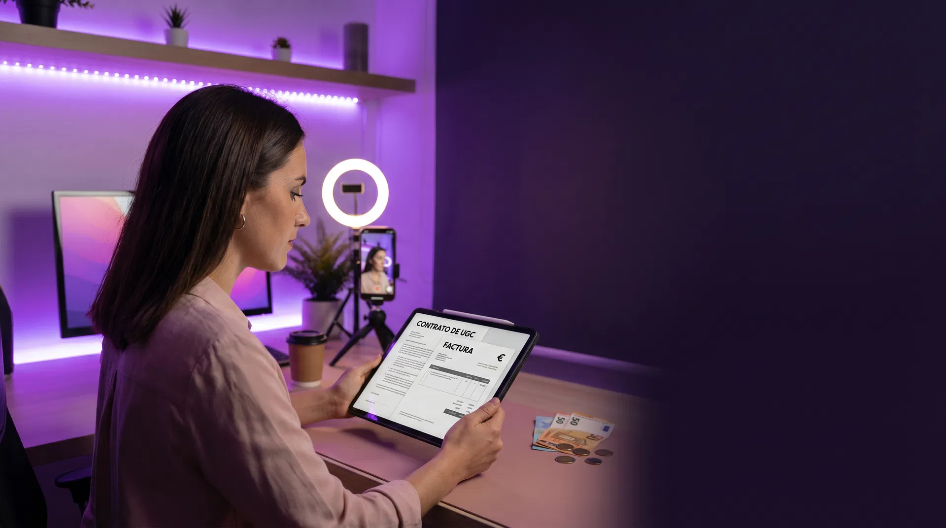UGC contract negotiation between a creator and a brand with documents and a smartphone