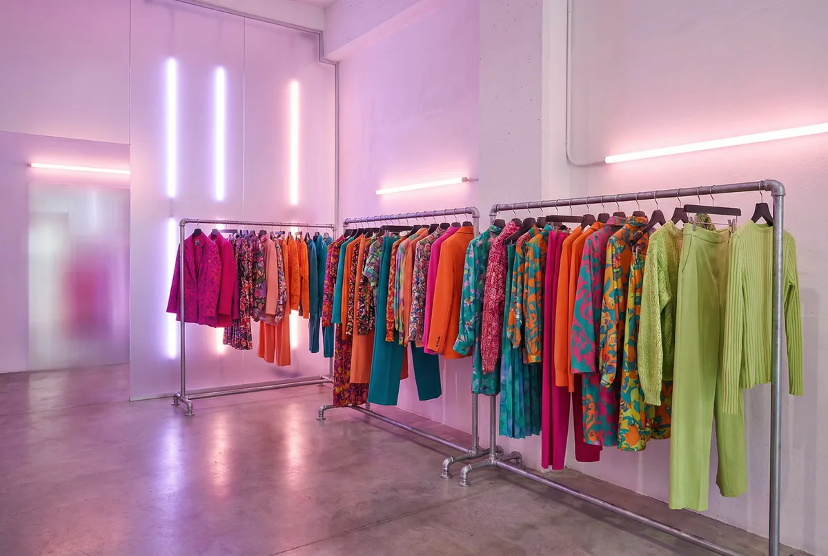Creadora de contenido de moda grabando outfit con smartphone en estudio luminoso