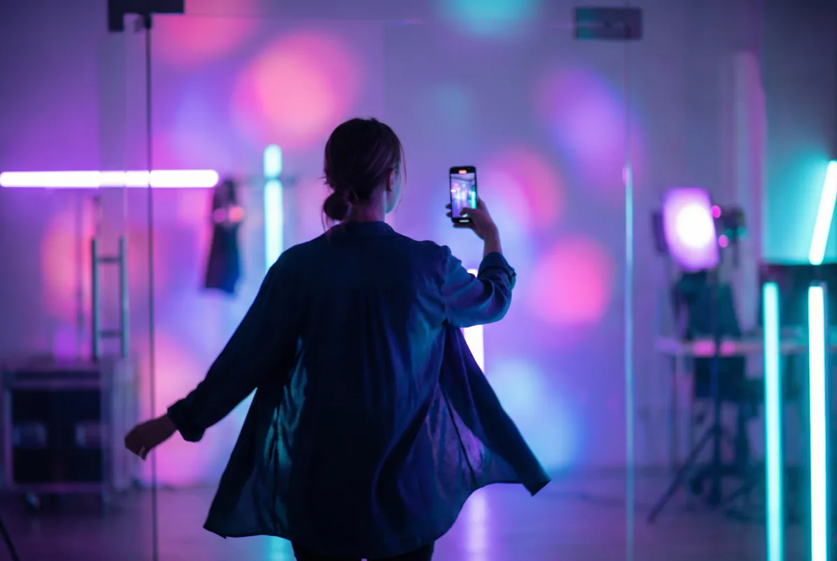 Creadora de contenido UGC grabando video con smartphone y aro de luz en estudio luminoso