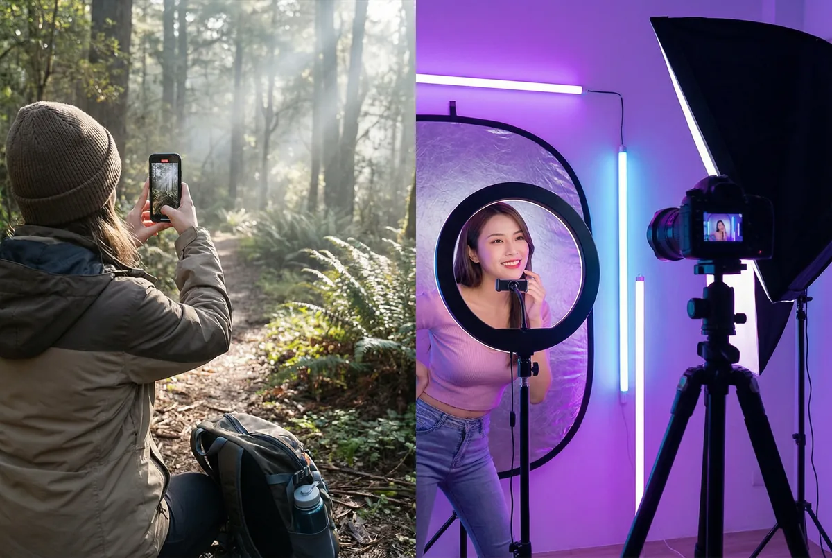 Comparativa entre UGC e influencer marketing con elementos visuales de ambos modelos
