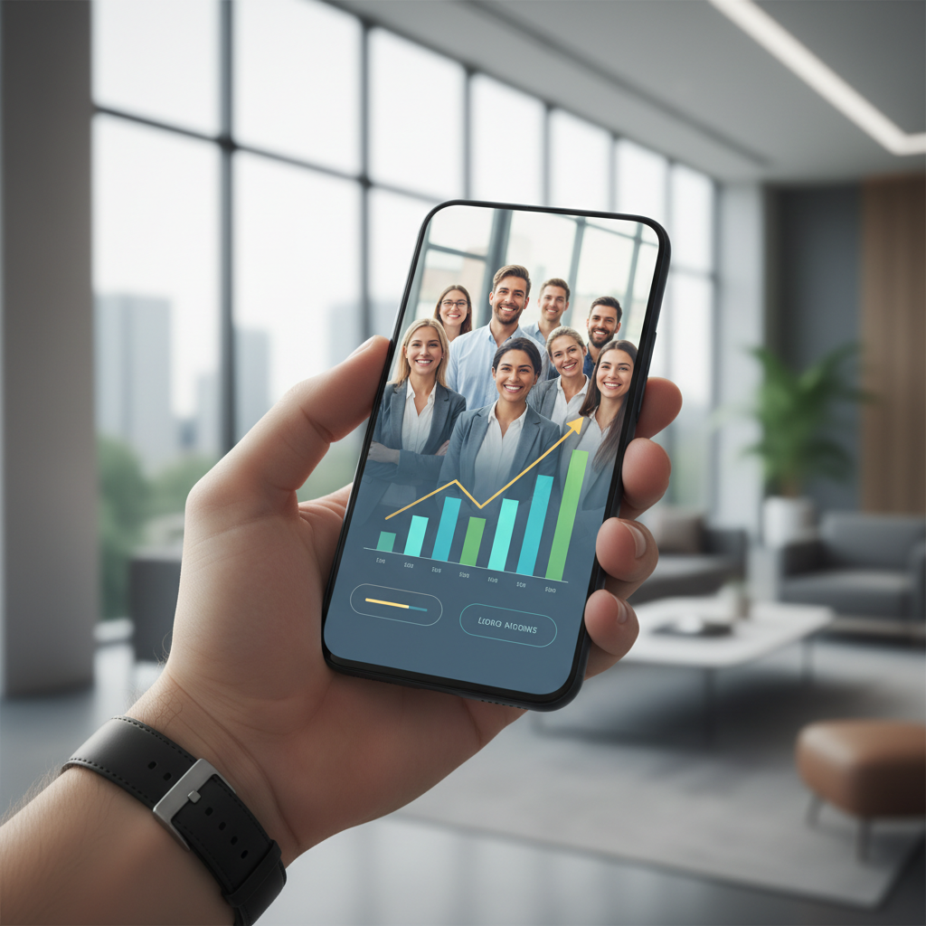 UGC para servicios financieros, mostrando un smartphone con un video sobre finanzas y clientes satisfechos